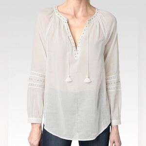 Paige Ava Peasant Embellished Tassel Tie Semi-Sheer Blouse S
